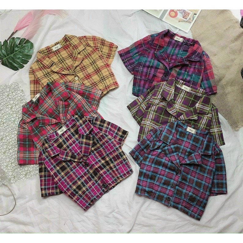Áo croptop nữ PM dáng sơ mi mẫu caro Phong cách Hàn Quốc phù hợp đi chơi dạo phố