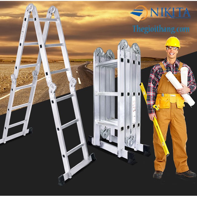 Thang nhôm gấp 4 khúc NIKITA chiều cao max 3.7m đến max 9.5m, chính hãng NIKITA - BH 24 tháng