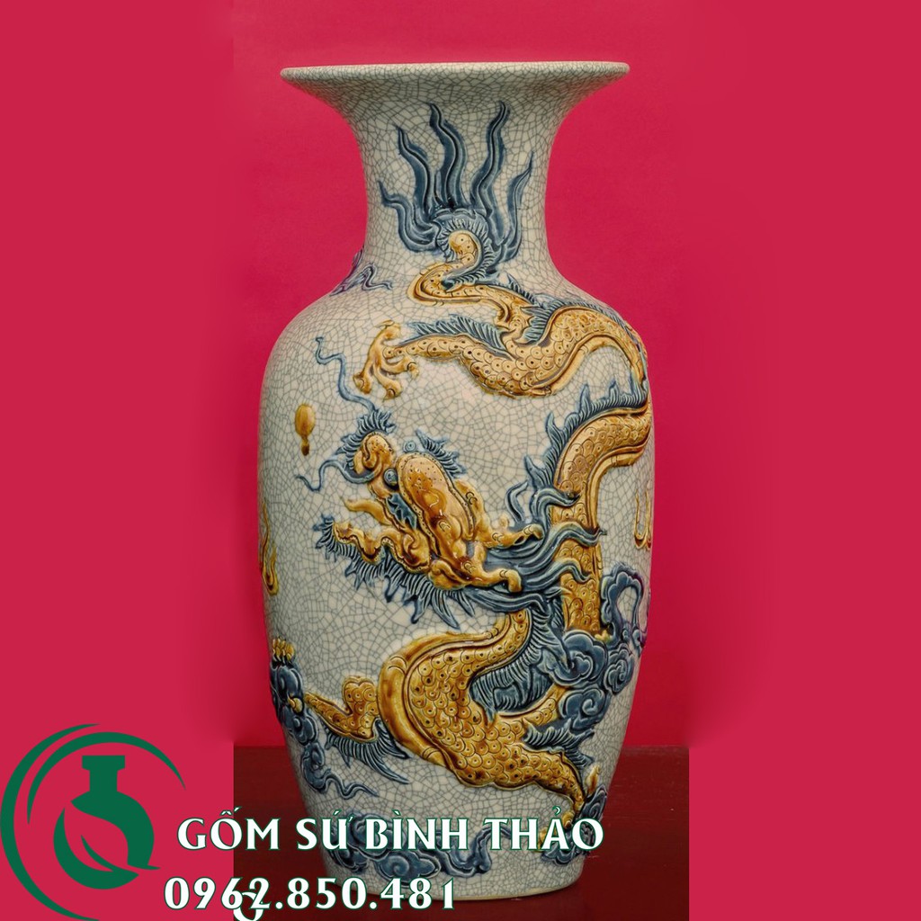 Đôi Lọ lộc bình rồng, công đào cao 42cm men rạn Bát Tràng - lọ thờ loại 1 Bát Tràng