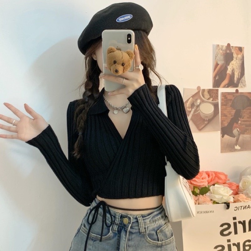 Áo croptop gân đắp chéo quấn dây eo