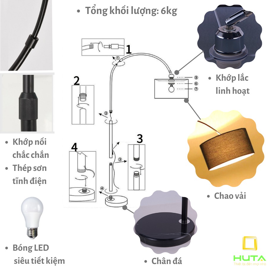 Đèn Cây Đứng Phòng Khách Cao Cấp, Dùng Làm Đèn Sàn Trang Trí Nội Thất, Phòng Ngủ, Bóng Led, Chao Vải, Mã D2– HUTA shop