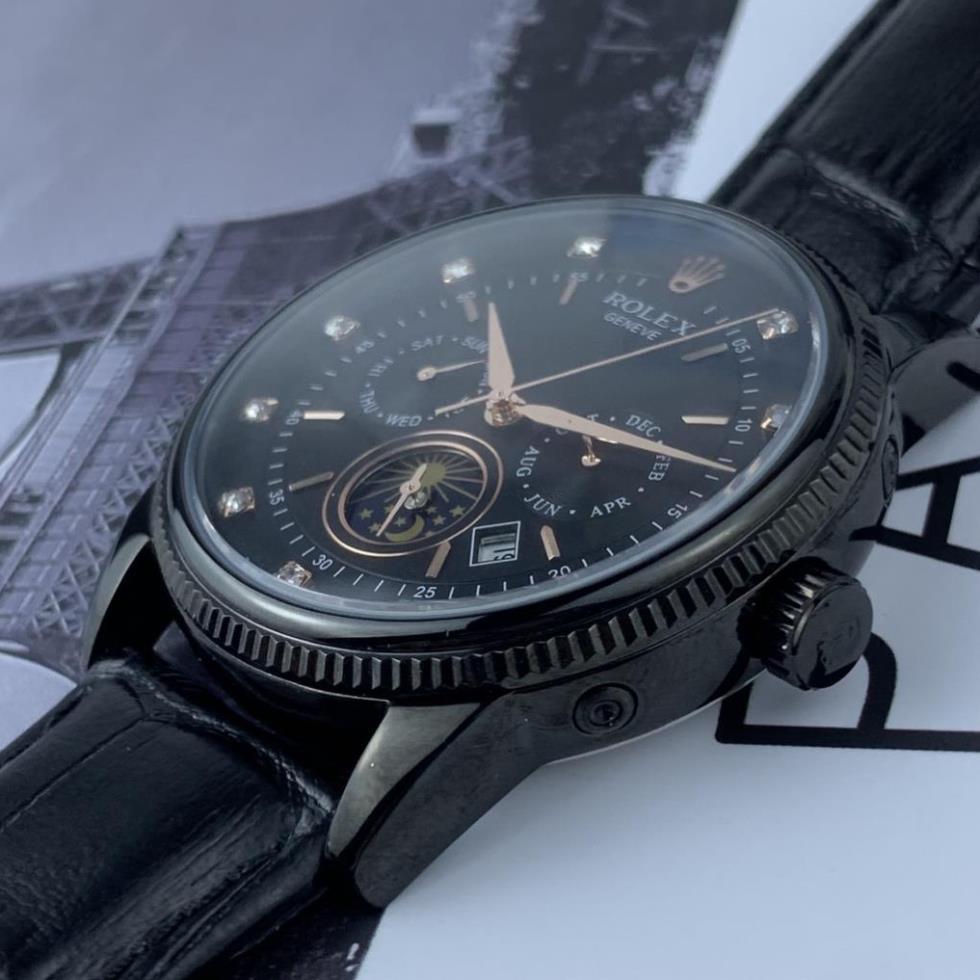 Đồng hồ Nam Rolex máy nhật, mẫu 6kim đính đá, mặt đen viền đen, dây da, dòng cơ Automatic size 40mm-41mm