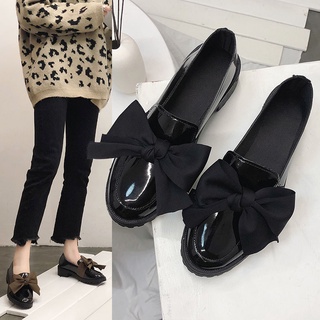 Giày đốc nữ thắt nơ in chữ 2 màu da cao cấp Xuxu Shop