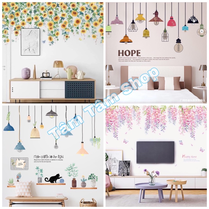 Decal dán tường đèn và tán lá rủ, chất liệu cao cấp chống thấm nước