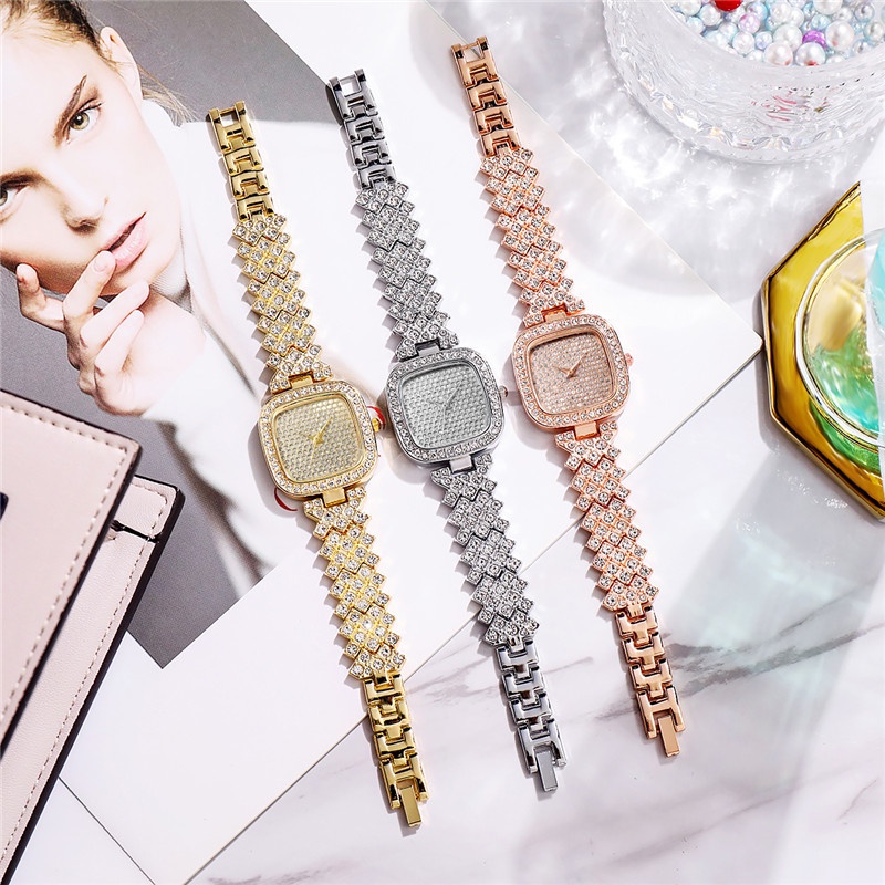 Bộ Đồng Hồ Đeo Tay Mặt Vuông Đính Đá Thời Trang Dành Cho Nữ