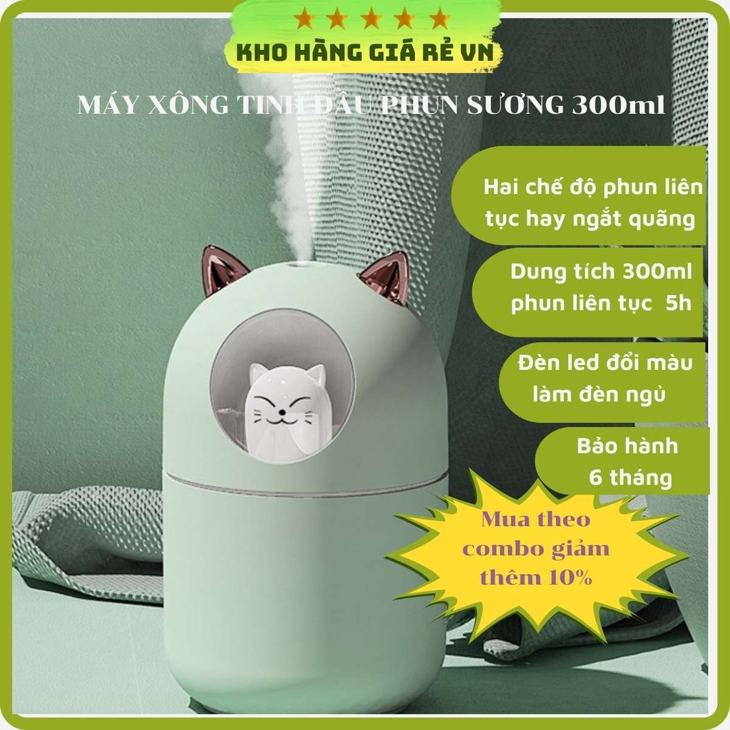 Máy xông tinh dầu phun sương mini cao cấp có đèn led làm đèn ngủ 300ml hình thú cute trang trí nhà cửa- tặng tinh dầu