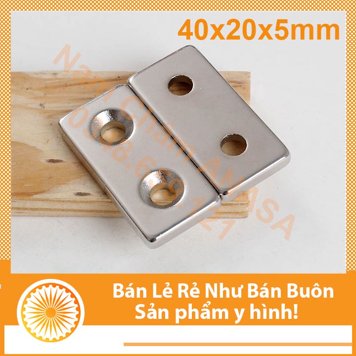 Nam châm đất hiếm hình chữ nhật kích thước 40x20x5mm có 2 lỗ bắt vít từ tính khỏe N35