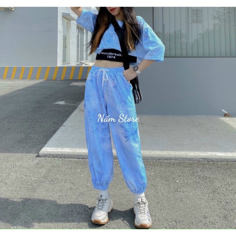 Set áo croptop loang kèm bra + quần jogger loang màu dáng rộng ống bo - Set thể thao 3 món 9 màu