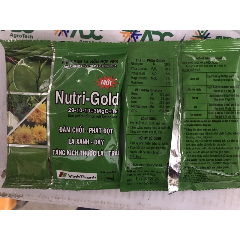 Phân bón đâm chồi phát đọt NUTRI-GOLD 29-10-10+ 3MGO+ TE gói 100g