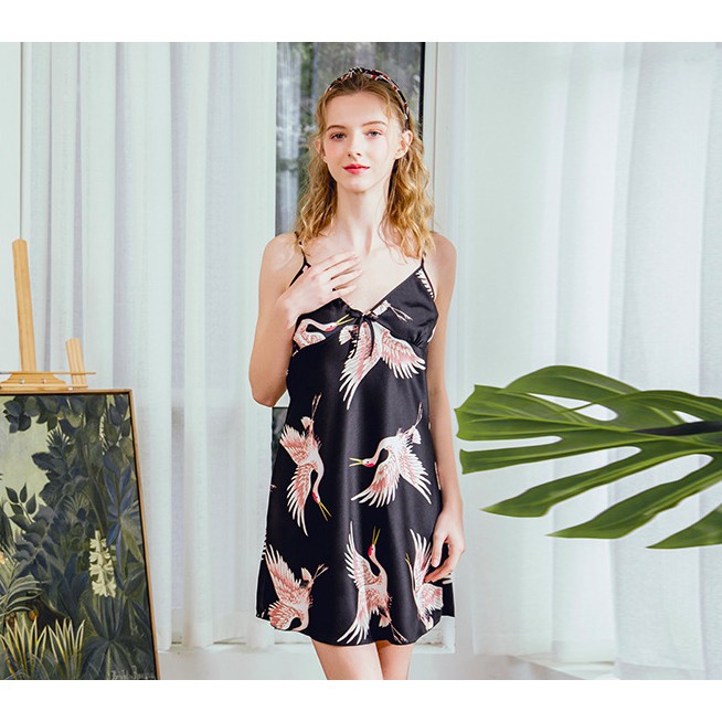 Váy ngủ đầm ngủ sleepwear lụa may cúp ngực satin loại dày dặn dễ thương hình flamingo hồng hạc