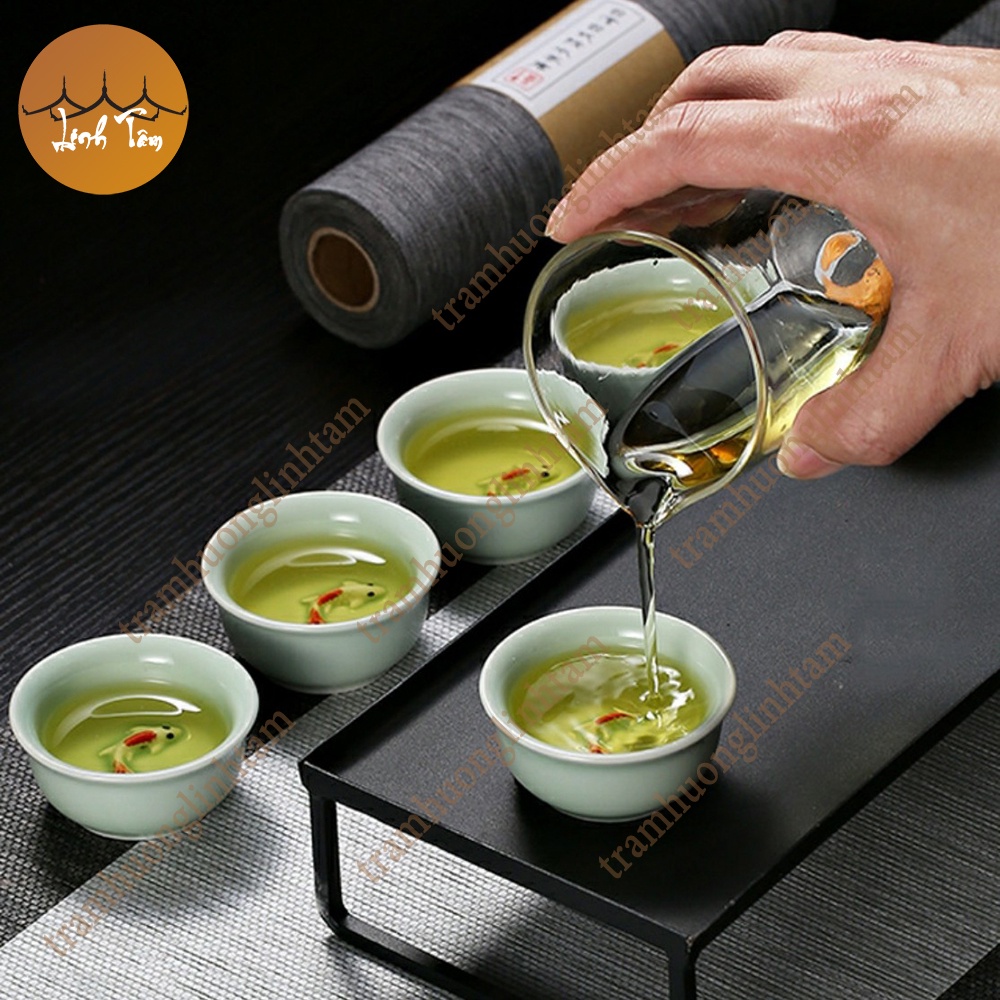 Chén gốm sứ cá chép 3d men ngọc, chén trà phụ kiện bàn trà