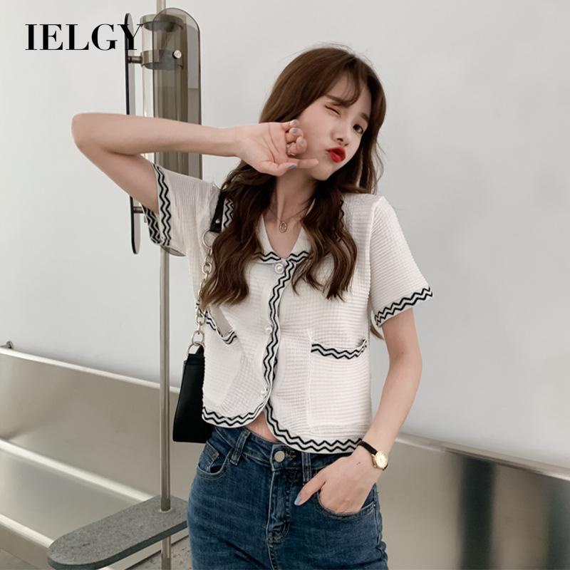 Áo cardigan IELGY dệt kim mỏng tay ngắn dáng rộng thời trang Hàn Quốc dành cho nữ