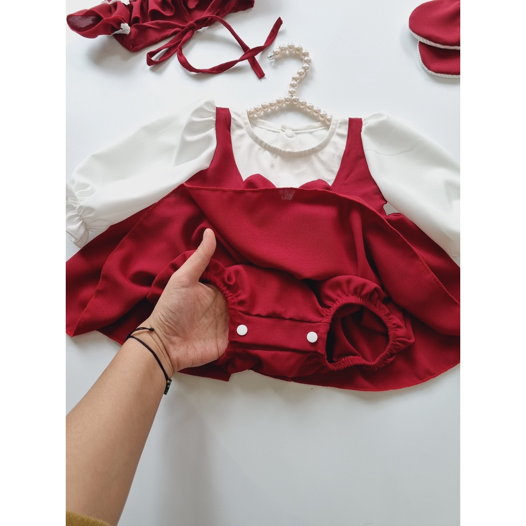 Bodysuit cho bé gái sơ sinh chất liệu cao cấp ⚡𝗙𝗥𝗘𝗘𝗦𝗛𝗜𝗣⚡ Set body váy đỏ mận kèm mũ và giày vải cho bé gái siêu xinh