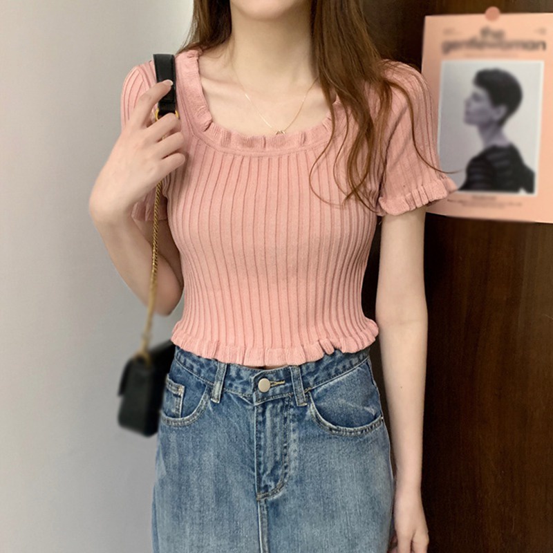 Áo croptop dệt kim tay ngắn cổ vuông thời trang mùa hè trẻ trung cho nữ