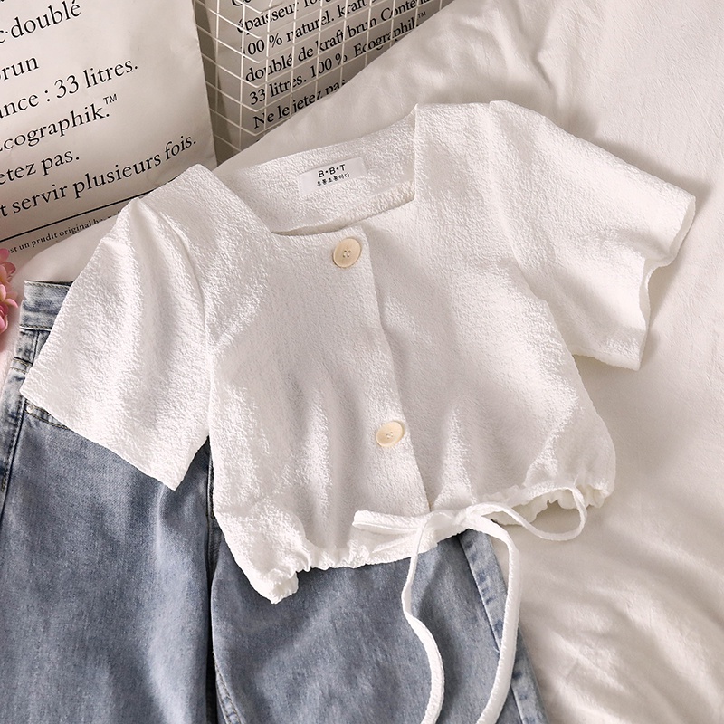 [Hàng Có Sẵn] Áo Tay Ngắn Cổ Vuông Eo Cao Rút Dây Phong Cách Hàn Quốc