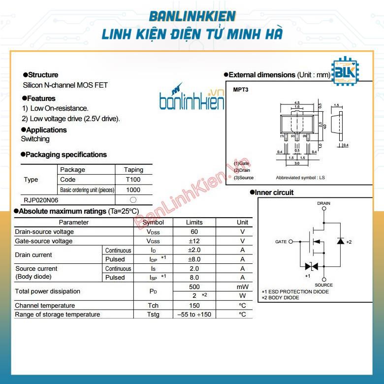 [Bán Linh Kiện] RJP020N06 SOT89 MOSFET N-CH 2A 60V (KEC)