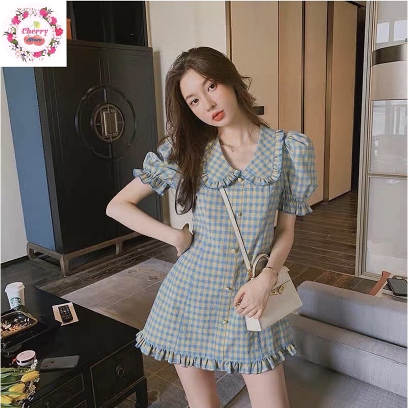 Váy đầm cổ bèo họa tiết kẻ tiểu thư cực đẹp V01