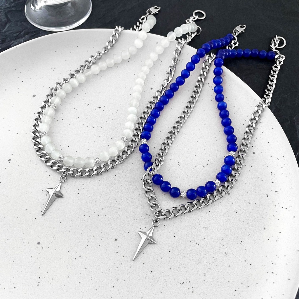 Dây chuyền hai lớp cao cấp mặt ngôi sao bốn cánh thép titan vòng cổ đôi nam nữ không đen