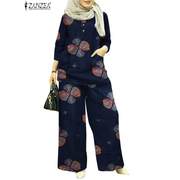 ZANZEA Set Đồ Dài 3/4 In Họa Tiết Hoa Phong Cách Hồi Giáo Cho Nữ