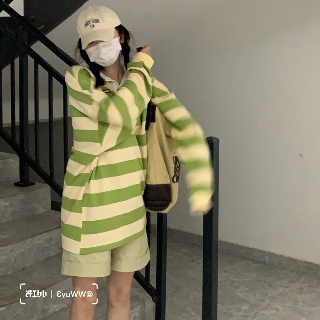 Áo thun tay dài dáng rộng họa tiết sọc ngang thời trang dành cho nữ