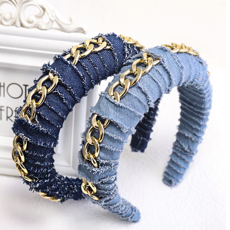 Băng Đô Vải Denim Bản Rộng Họa Tiết Kẻ Sọc Màu Sắc Trơn Phối Xích Kim Loại Kiểu Retro Cho Nữ