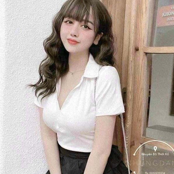 Áo Polo Chữ V Cộc Tay,🌼 Thaovystore<FREESHIP> 🌼,Thun Body Dáng Ôm, Áo Phông Trơn Cổ Tim Bánh Bèo 3 Màu ĐEN TRẮNG XANH