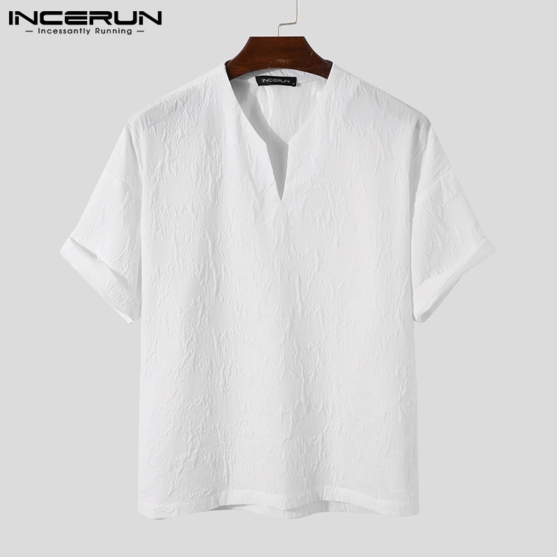 Áo INCERUN tay lỡ cổ chữ V dáng rộng in họa tiết dập nổi thời trang dành cho nam