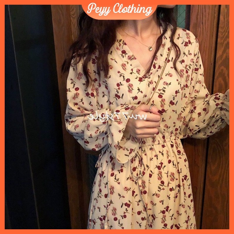 Đầm hoa nhí vintage dáng dài bánh bèo tay dài ulzzang Hàn Quốc V55 - Peyy