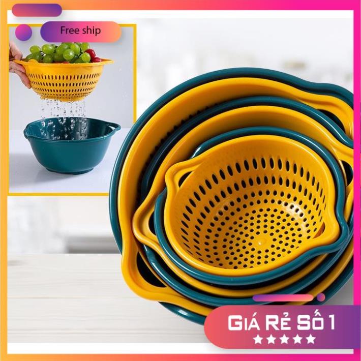 Set Rổ Kèm Chậu 6 Món Bộ 3 Rổ Và Chậu Thau Nhựa Rửa Rau Củ Đựng Hoa Quả Trái Cây 2 Lớp Hình Tròn Hình Vuông