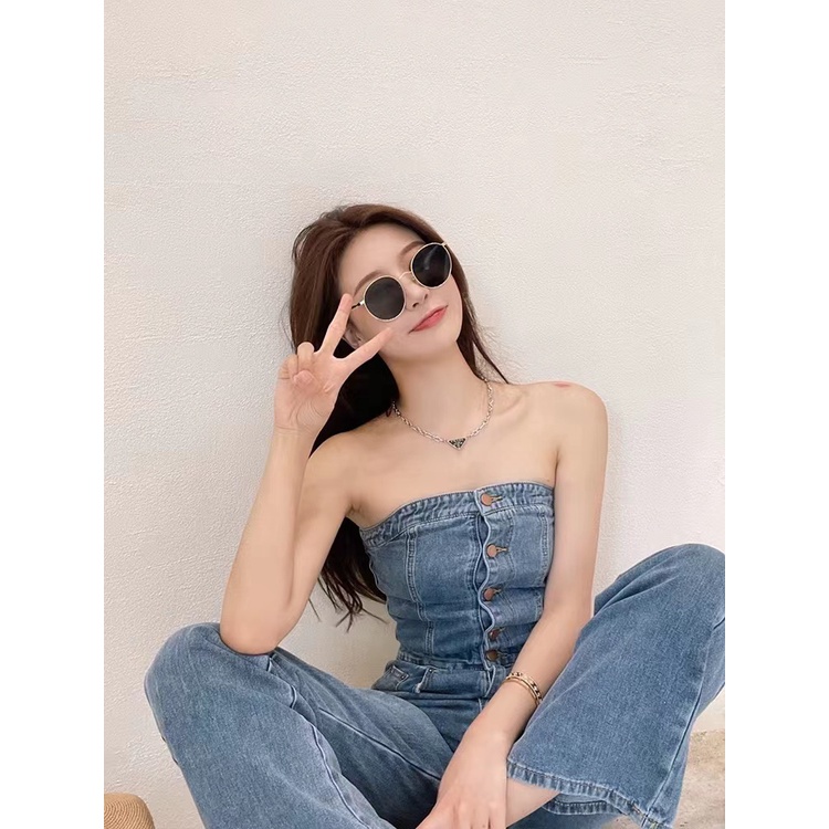 Cocory vn Áo liền quần ống rộng chất liệu denim thời trang mùa hè quyến rũ cho nữ
