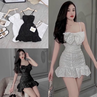 Đầm 2 dây nơ to đuôi cá chất vải gấm