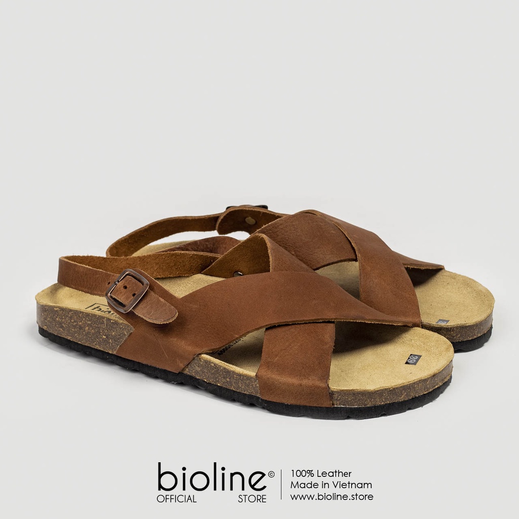 [DA BÒ THẬT] D11-Dép Sandal đế trấu da bò quai chéo Birken Bioline Unisex (Đế trấu)
