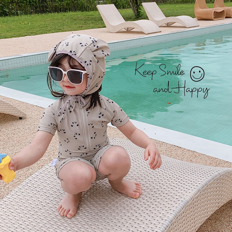 Bộ Đồ Bơi Liền Thân Có Mũ Trùm Đầu Phối Khóa Kéo In Hình Gấu Trúc Hoạt Hình Phong Cách Phương Tây Dành Cho Bé Trai Bé Gái