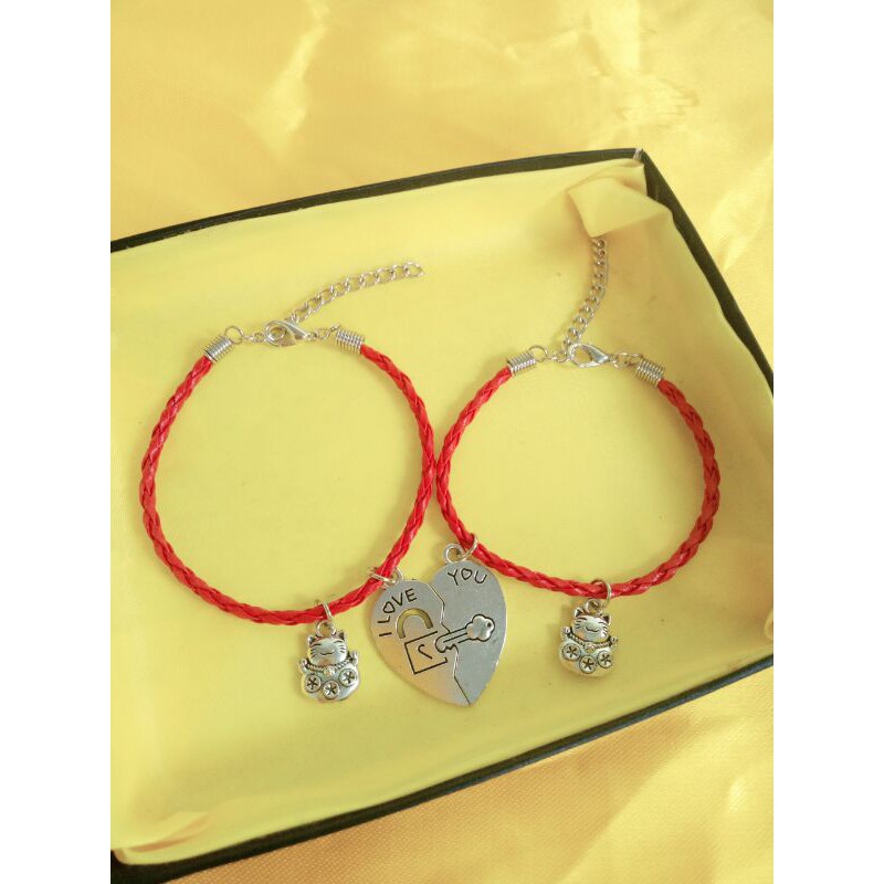 (2 cái) Vòng tay cặp đôi tình yêu dây da PU đỏ mặt mèo thần tài may mắn mix charm trái tim đôi cao cấp