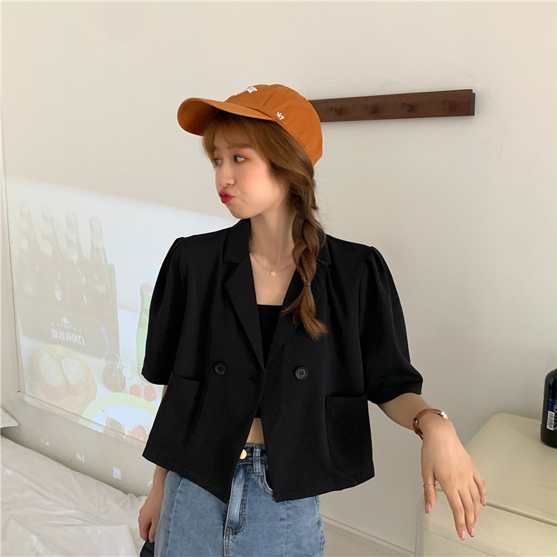 Áo Vest Blazer lửng nữ 2 cúc Ngắn tay Form rộng Màu trơn Tay Bồng Ulzzang Hàn Quốc Áo Vest Blazer đen nữ