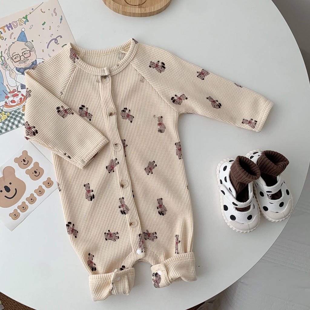 Áo liền quần dài tay in hình gấu thời trang mùa xuân thu dành cho trẻ nhỏ mới sinh