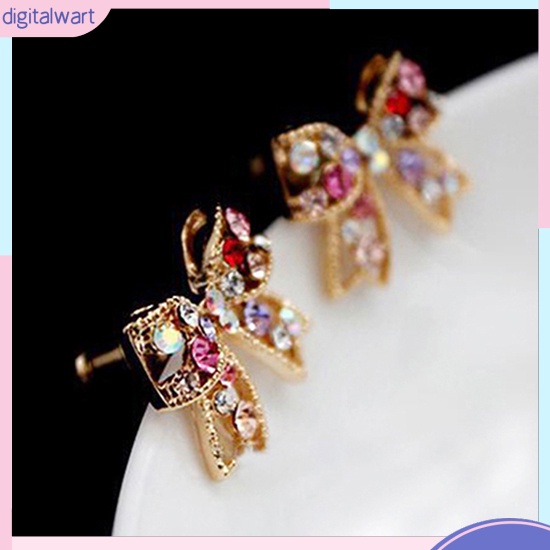 Cặp khuyên tai hình nơ đính đá nhiều màu sắc lấp lánh sang trọng cá tính dành cho nữ