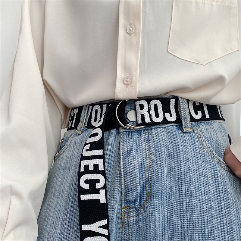 Dây Thắt Lưng Vải canvas Hai Vòng Khóa In Chữ Phong Cách Hàn Quốc Thời Trang Cho Nam Và Nữ