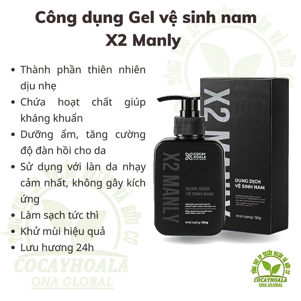 Dung Dịch Vệ Sinh Nam X2 Manly Gel vệ sinh nam cỏ cây hoa lá làm sạch tức thì Lưu hương 24h chai 150g Cocayhoala