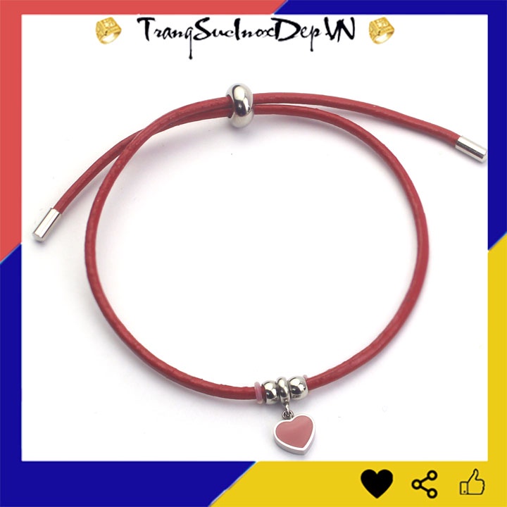 Vòng tay nữ dây da kiểu rút màu đỏ phối phụ kiện inox màu trắng không đen vô cùng xinh xắn, đáng yêu - Nhiều mẫu dễ chọn