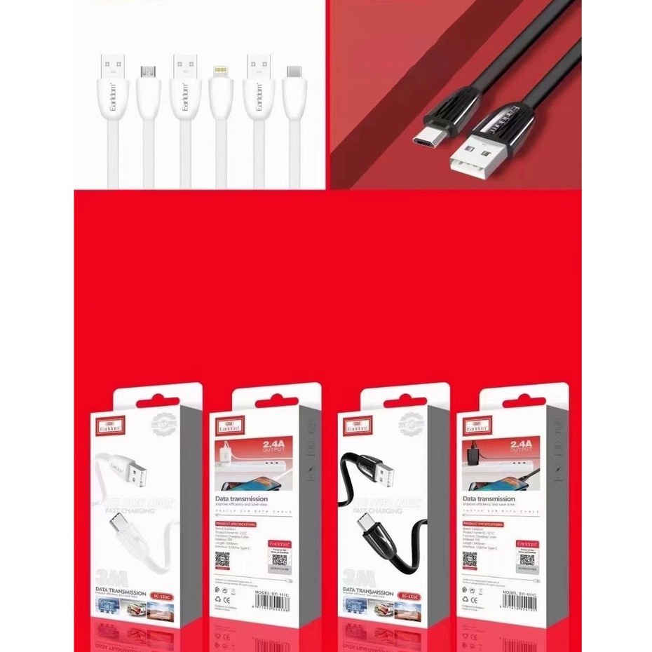 Cáp Sạc sạc nhanh 2.4A EC–111, dây sạc nhựa cao cấp chống gãy đứt, chống rồi 3m