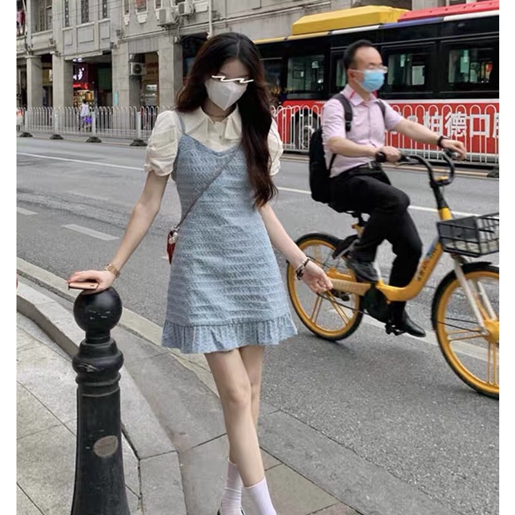 Set áo sơ mi trắng ngắn tay + váy 2 dây xanh đuôi cá dễ thương ulzzang Hàn Quốc [Yannie]