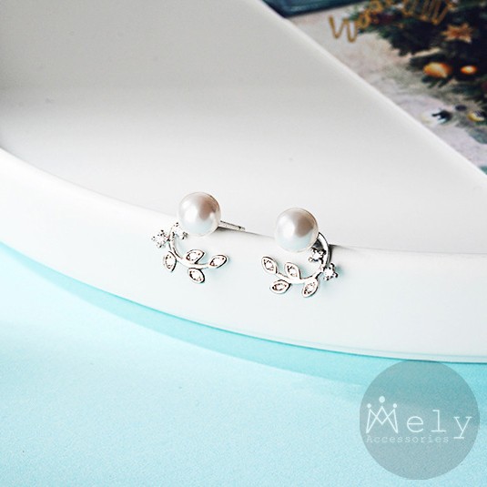 BÔNG TAI NỤ BẠC ĐÍNH NGỌC TRAI NHÂN TẠO HÌNH CÀNH LÁ - MELY 1040