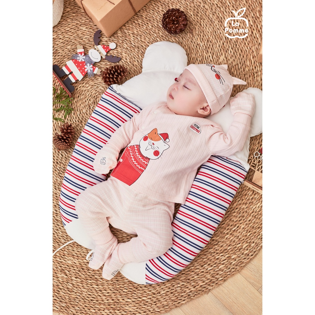 SLD058 Bộ dài tay La Pomme cúc lệch kẻ Hồng