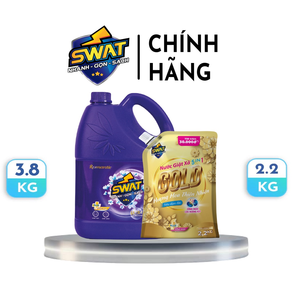 [Mã BMBAU50 giảm 7% đơn 99K] Combo 1 can nước giặt xả SWAT Romantic 3.8kg + 1 túi nước giặt xả SWAT Gold 2.2kg