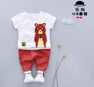 Bộ hè bé trai áo gấu quần thô lửng
