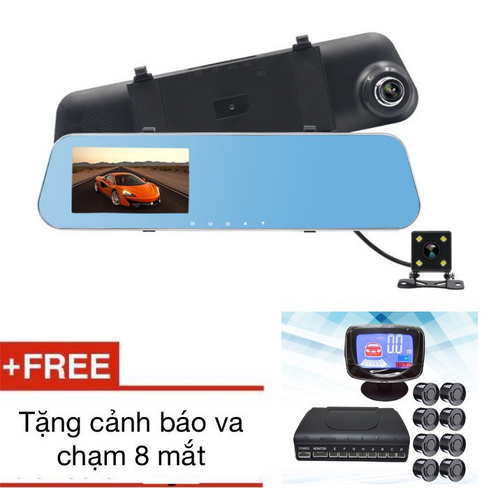 Camera hành trình gương cho ô tô có vạch kẻ đường tặng cảm biến cảnh báo va chạm 8 mắt [Best Seller Tony]