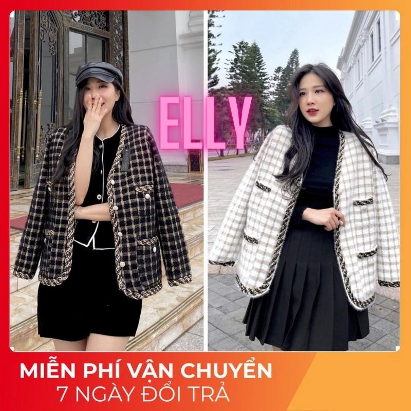 Áo dạ tweed nữ dáng ngắn Caro buộc nơ - Elly Clothings