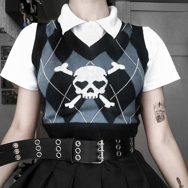 Áo croptop dệt kim không tay họa tiết kẻ sọc đầu lâu phong cách Gothic punk cho nữ
