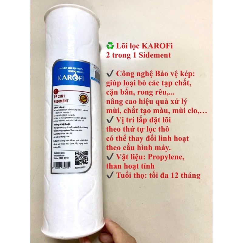 [𝐂𝐡𝐢́𝐧𝐡 𝐇𝐚̃𝐧𝐠 𝟏𝟎𝟎%] Lõi lọc chính hãng KAROFi 2 trong 1 sidement- Có thể thay thế cho tất cả các dòng máy lọc nước R.O